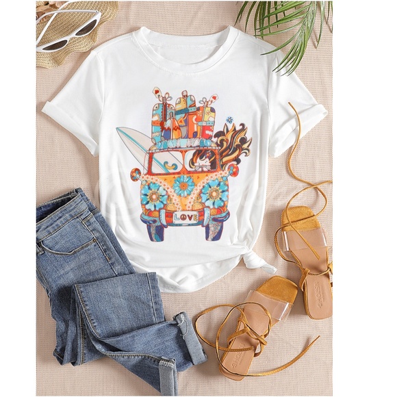 Rouge! Tops - White Graphic Tee Shirt Short Sleeve Floral Hippie Surf Bus Print